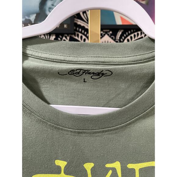 Ed Hardy Y2K Streetwear Dragon Panther Tattoo Short Sleeve Tee Olive Large - Picture 2 of 7